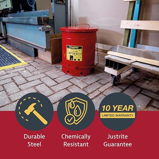 Justrite 21 Gallon Galvanized Steel Oily Waste Can, 23.5" x 18" Metal Oil Rag Safety Can with Quiet Foot Operated Self-Closing Lid for Oil Rag Disposal, Made in The USA, Red, 09708