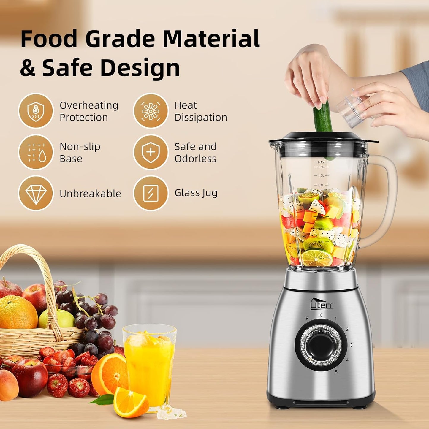 Uten 800 Watt Hight Speed Countertop Blender for Smoothies and Shakes, Ground Coffee Beans, 60 Oz Glass Jar, 5 Speed Settings and Pulse