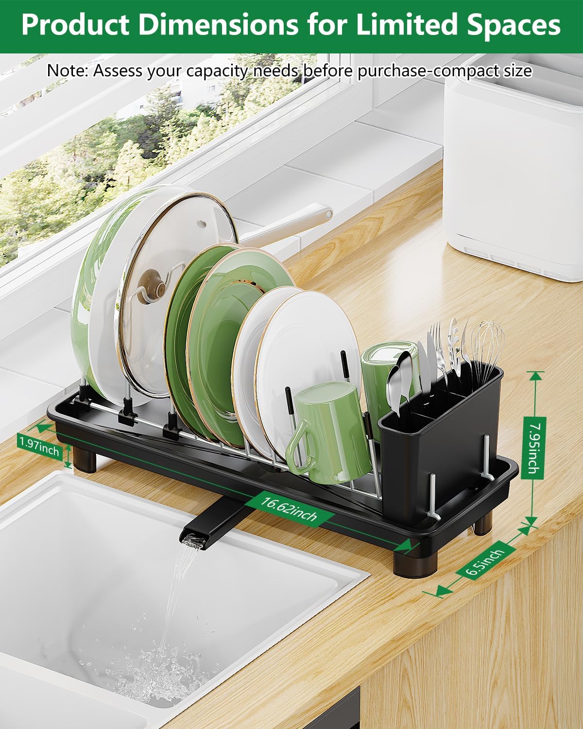 Small Dish Drying Rack, Compact Dish Rack for Kitchen Counter, Space Saving Plate Rack, Dish Strainer with Cutlery Holder, Black