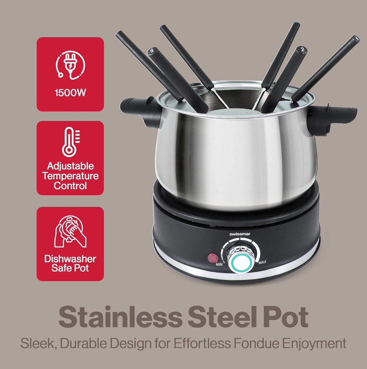 Swissmar Arolla 10 Pieces Stainless Steel Electric Fondue Set - Perfect Fondue Pot Electric Set for Cheese, Caramel, Chocolate, Oil, Broth & More - Gift Ideas for Wedding, House Warming, 2.1 Qt / 2L