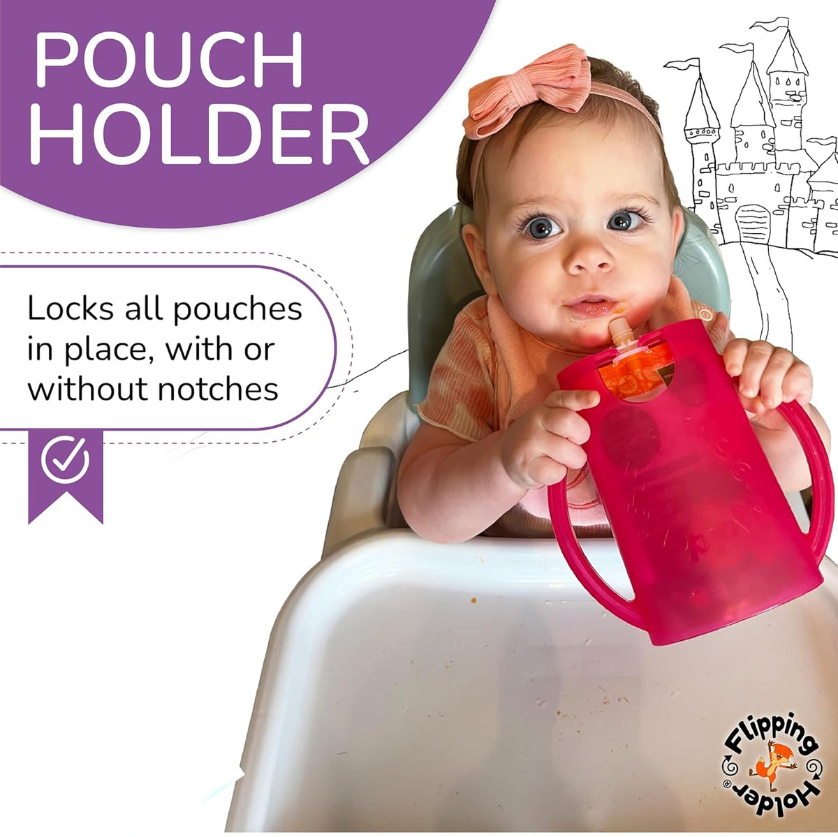 Original Squeeze Proof Flipping Holder with Open Bottom for Food Pouches & Juice Boxes - Multipurpose - Prevent Messes & Support Self-Feeding - Easy Grasping Handles - Made in USA