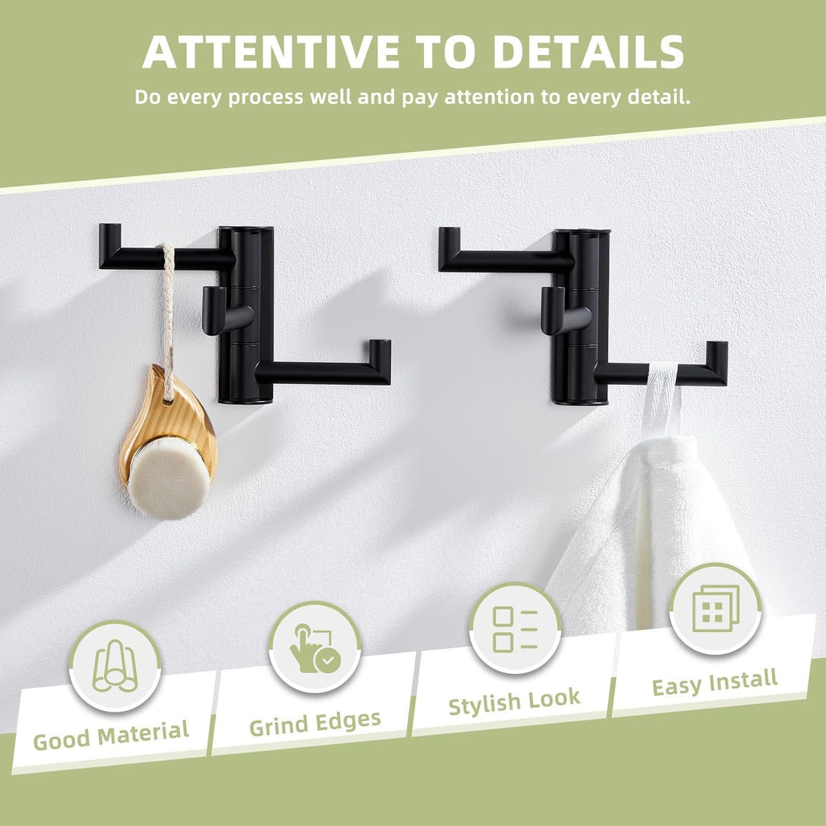 Suyar Towel Hook for Bathroom, SUS 304 Stainless Steel Swivel Coat Robe Holder with 3 Foldable Arms, Wall Hook Matte Black, 2 Pack
