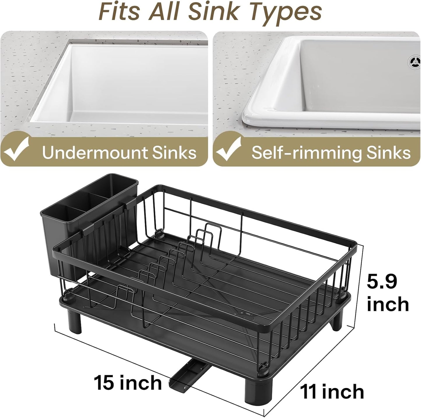 Dish Drying Rack - Small Dish Rack for Kitchen Counter, Stainless Steel Dish Drainer with Utensil Holder and Drainboard (Black)