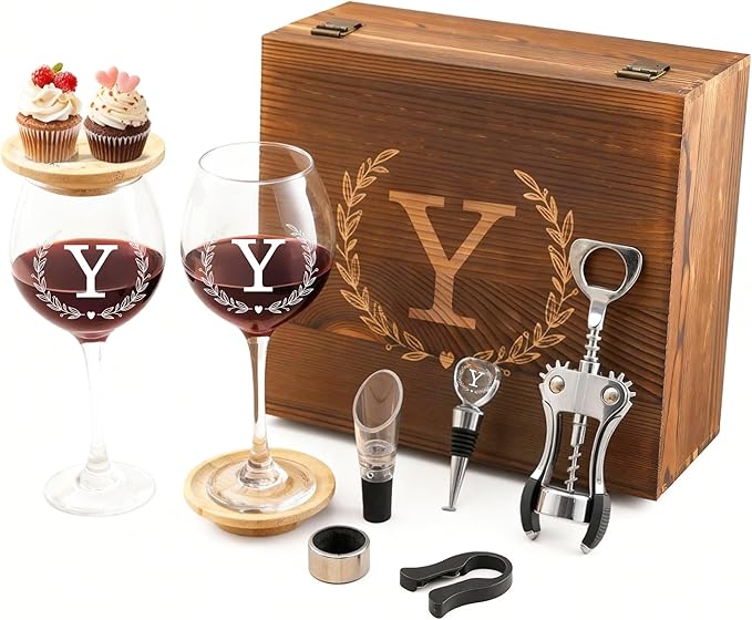 GZLDGIFTS Personalized Initial Wine Glasses Box Gift Set For Women Mom Engraved Birthday Monogrammed Wooden Christmas Gifts Wedding Anniversary Wine Couples Stopper Opener Initial Letterr (Y Set)