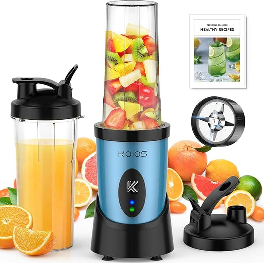 KOIOS Smoothie Blender, 900W Personal Blender for Shakes and Smoothies for Kitchen with 2 Portable Cups 22oz, Single Serve Smoothies Maker Mixer for Juices, Nutritious Recipe, Sky Blue