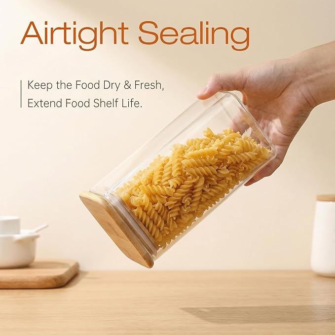 42oz - 4 Pack Square Glass Jars with Bamboo Lids, Glass Food Storage Containers with Airtight Lids for Kitchen, Air Tight Pantry Storage Containers for Cereal, Pasta, Rice, Sugar, Coffee, Spice