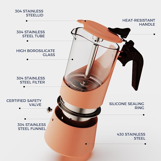 Glass Moka Pot for Stovetop & Induction - Italian Espresso Maker with Wood Handle & Leak-Proof Design - Comes with Induction Heat Diffuser Plate (6 Cup, 240ml)