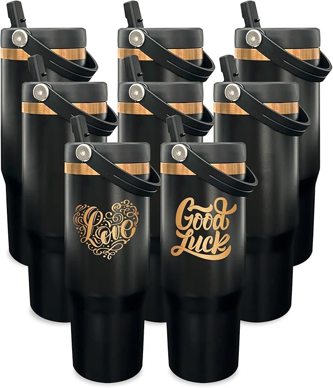 30 oz Tumbler Bulk with Handle and Straw, Vacuum Insulated Tumblers with Flip Straw and Top Handle, Leakproof Powder Coated Tumbler, Stainless Steel Travel Mug for Coffee Water (Black, 8 Pack)