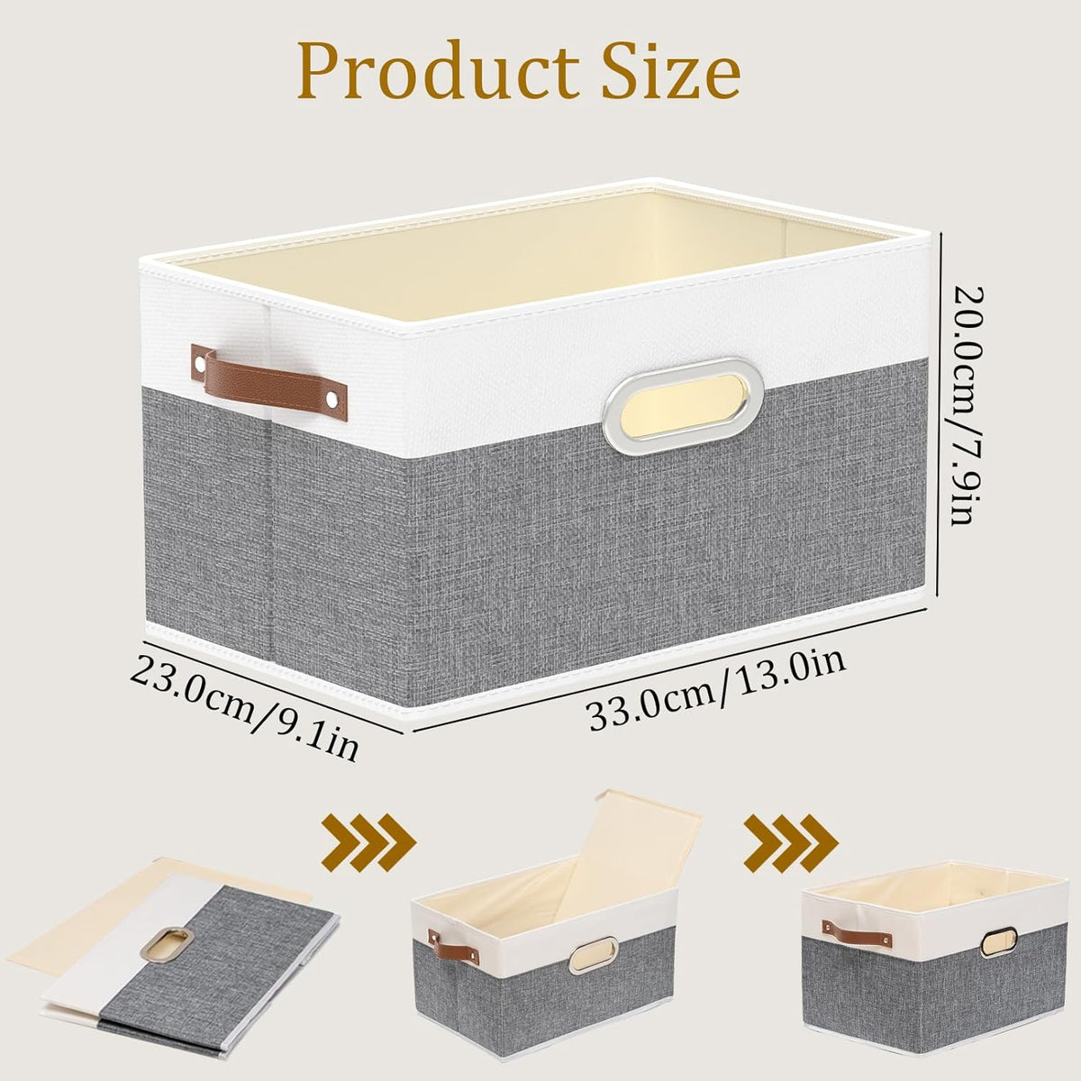 Yawinhe Fabric Storage Baskets, Foldable Closet Organizer for Shelves, Large Boxes with 3 Handles, Canvas Bins for Clothes, White/Grey, 12.99''Lx9.05''Wx7.87''H, 4-Pack