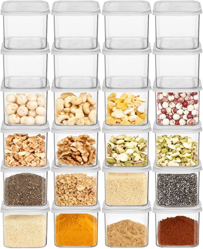 novelinks Clear Plastic Jars with Lids, Reusable Empty Square Storage Containers for Household and Kitchen Organizing (24 Pack Small)