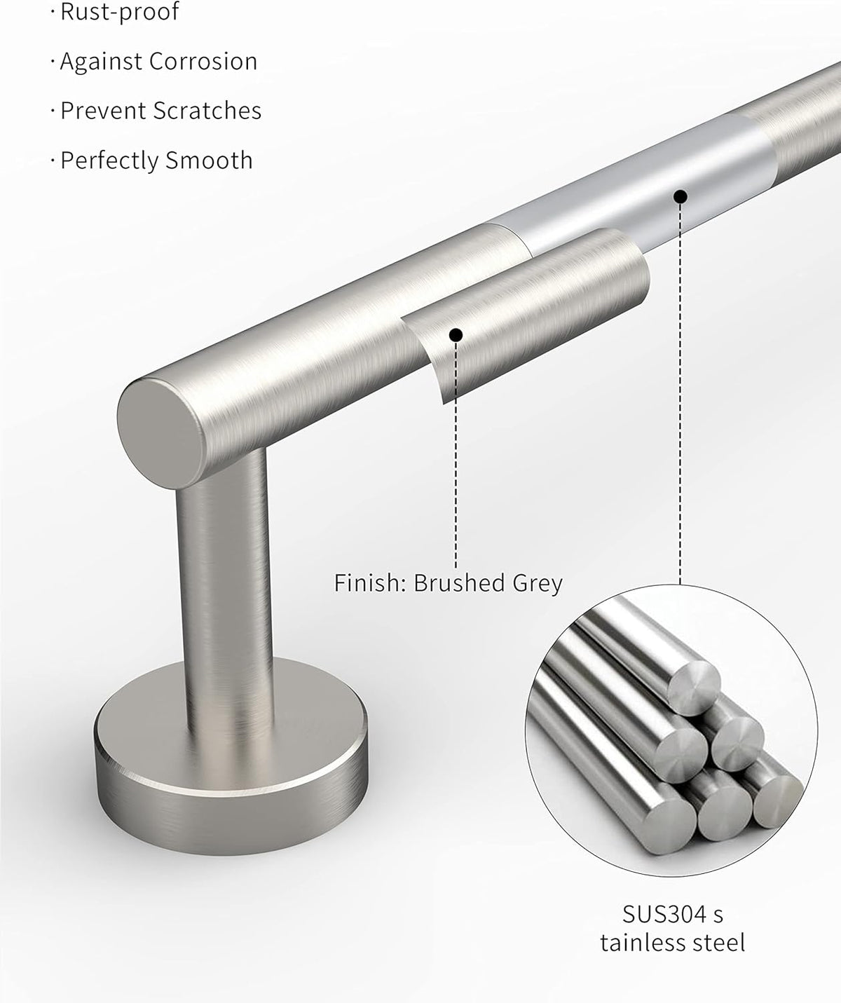 18 Inches Brushed Grey Towel Bar for Bathroom Kitchen Hand Towel Holder Dish Cloths Hanger SUS304 Stainless Steel RUSTPROOF Wall Mount (Brushed Grey 18-inch)