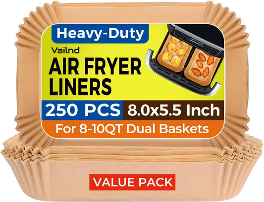 Air Fryer Liners Disposable for Dual Basket, 250Pcs 8x5.5 Inch Rectangular Parchment Paper for Ninja DZ201 DZ401, Chefman/COSORI 2-Basket Air Fryer, Oil Proof Baking Paper Sheets by Vailnd