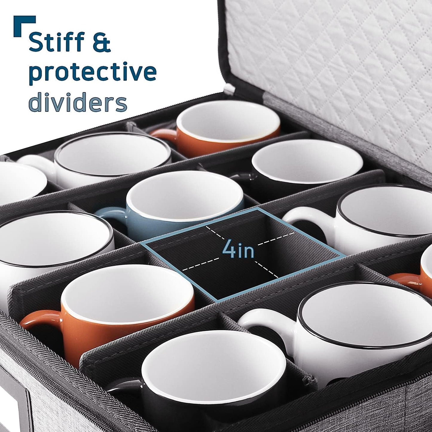 Coffee Mug Storage, Quilted and Stackable Coffee Cup Storage Organizer for Service of 12, Mug Storage Box with Dividers, Mug China Storage Containers Hard Shell for Moving and Seasonal Storage