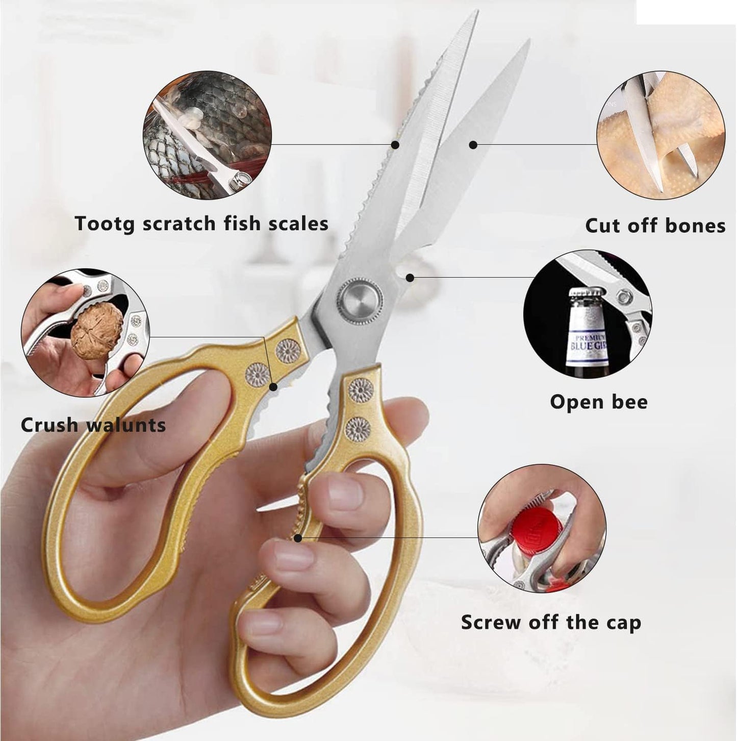 Kitchen Scissors, Heavy Duty Sharp Kitchen Shears Dishwasher Safe, Kitchen Accessories Cooking Shears for Kitchen Meat Chicken Fish Poultry Herb Bread (gold)