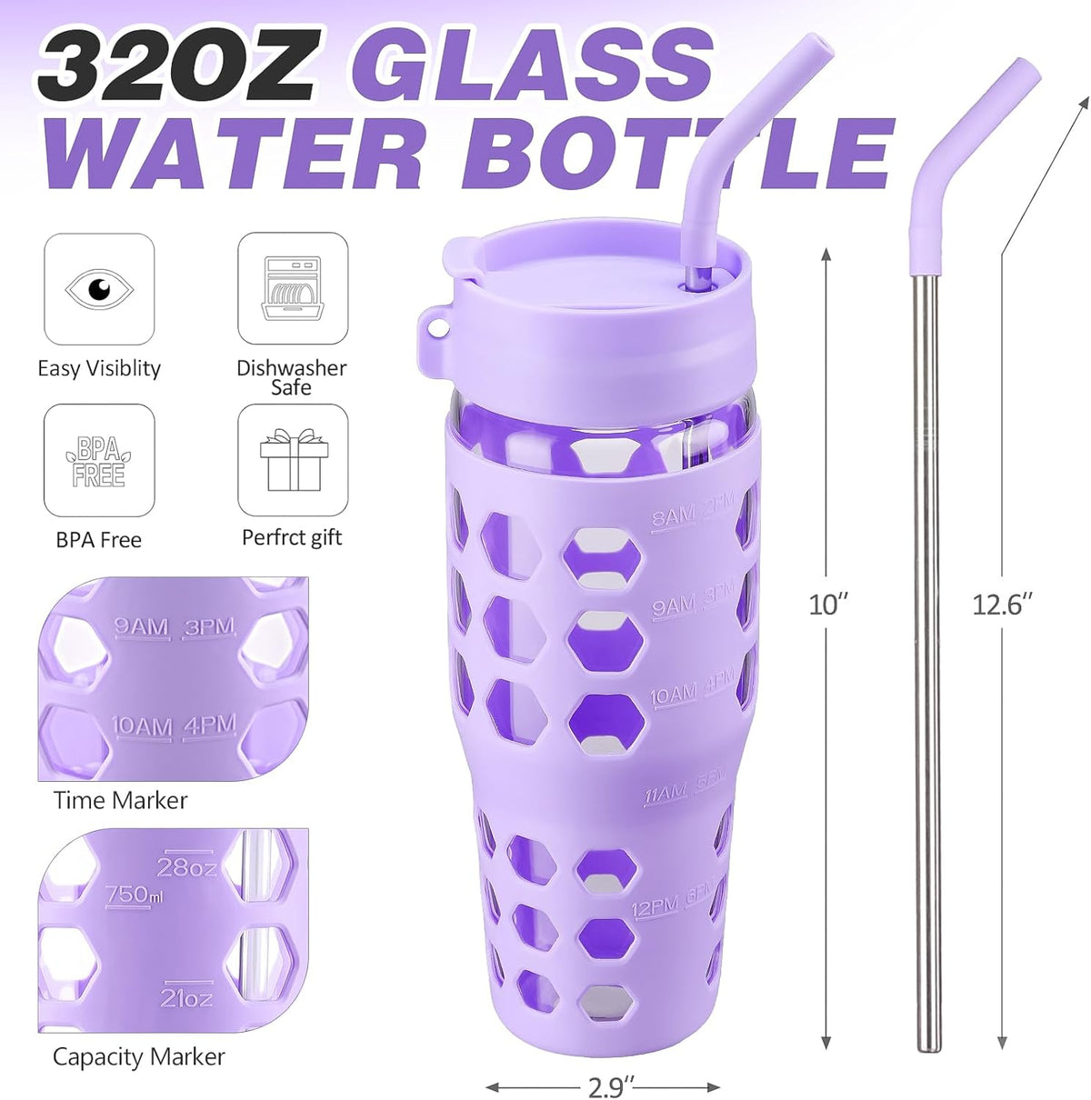 MUKOKO 32 oz Glass Tumbler with Straw,Glass Water Bottles with Time Marker,Iced Coffee Cup with 2 Lids-Handle Spout Lid&Straw Lid,Silicone Sleeve,Leakproof,1 Pack-Purple