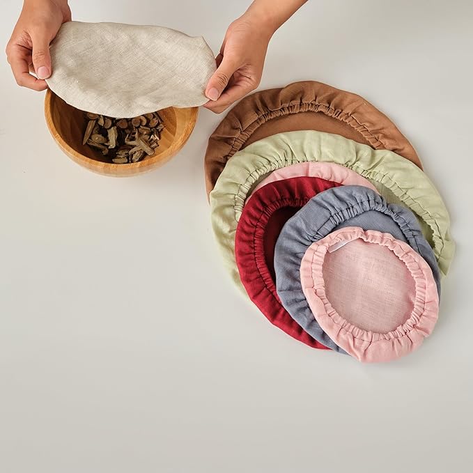 100% Pure Linen Bowl Covers For Bread Proofing, 4 Pcs Elastic Reusable Solid Color Cloth Fabric Bowl Covers,XL Organic Washable Large Stretch Sourdough Lids 6 * 8 * 10 * 12 Inches, Green