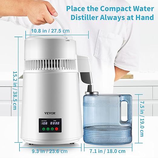 VEVOR 1.1Gal Water Distiller, 0.3Gal/H, Distilled Water Maker Machine 750W 0-99H Timing Set Temp Display, 304 Stainless Steel Countertop Distiller Plastic Carafe Cleaning Powder 3 Carbon Packs, White