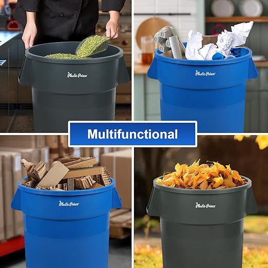 PLASTIC PRINCE 44 Gallon Round Trash Can Garbage Can Gray Waste Container for Home Garage Restaurants Warehouses