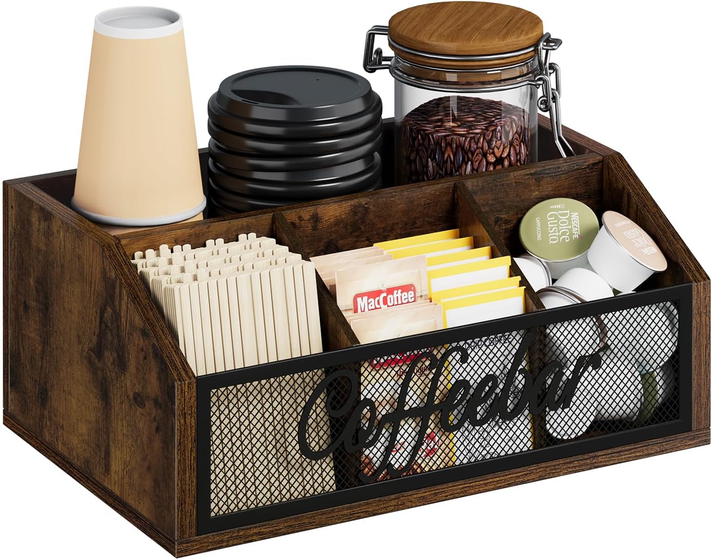 YINMIT Coffee Station Organizer for Countertop, Wood Coffee Bar Organizer with Removable Dividers for Pods, Syrup, Cups, Stirrer, Tea - Office Coffee Bar Accessories