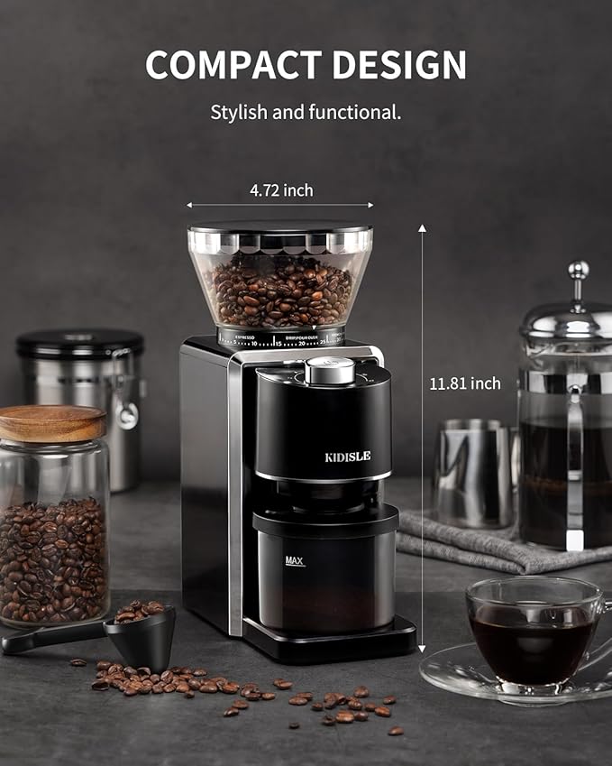 KIDISLE Conical Burr Coffee Grinder, Electric Coffee Bean Grinder for Precise Grinding, 35 Settings, 2–12 Cup Selector, Anti-Static Design for Home Use, Black