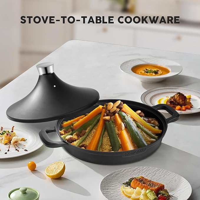 Non-Stick Frying Pan/Skillet 11", 3QT Tagine Pan,Cast Aluminum Pans with Lid, Stove/Oven-to-Table Cookware, Dishwasher Safe& Compatible with All Stovetops（Black）