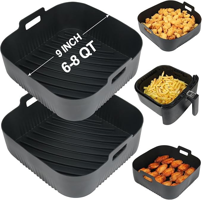 BYKITCHEN 9 Inch Square Silicone Air Fryer Liners for 6 to 8QT, Set of 2, Reusable Silicone Airfryer Tray Insert, Air Fryer Accessories for Corsori 6QT, Ninja Airfryer Pro XL 6.5QT, Gourmia & More