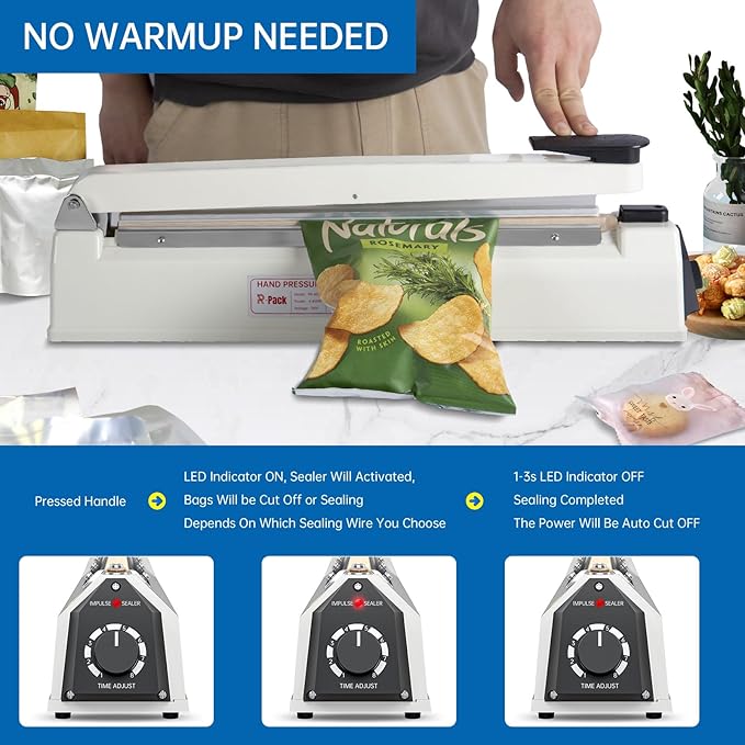 Impulse Heat Sealer with Hot Cutting Wire, Heavy-Duty Bag Sealing & Cutting Machine, 2 Extra Replacements（Purple, 8inch）