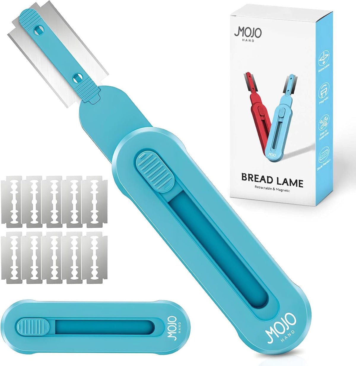 Bread lame for Dough, Magnetic & Reusable Bread Lame Dough Scoring Tool, Anti-Slip Handle with Long Retractable Razor blades, Sourdough Scoring tool for Bread Making (Blue)
