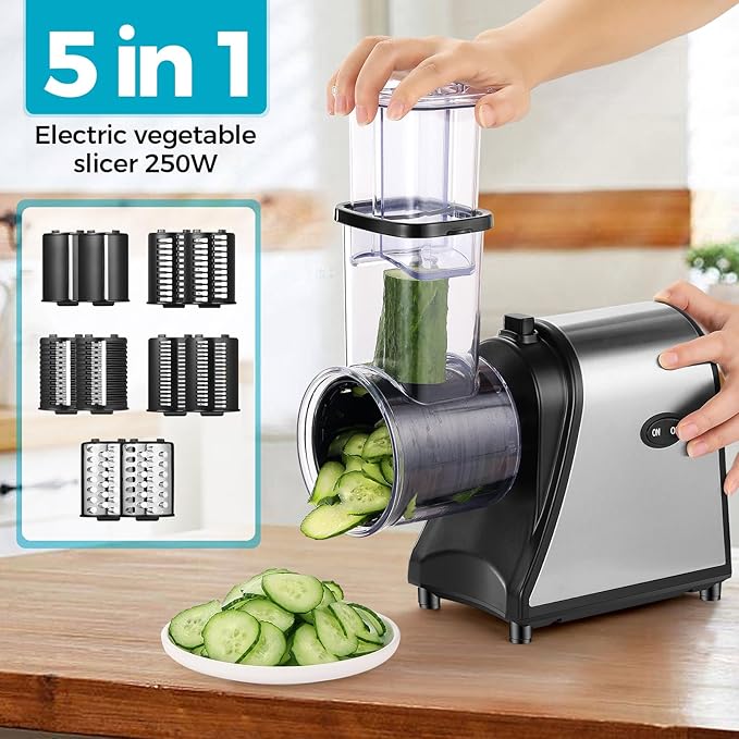 5-in-1 Electric Cheese Grater & Vegetable Slicer – 250W One-Touch Shredder with Stainless Steel Blades for Block Cheese, Vegetables, Fruits & Nuts