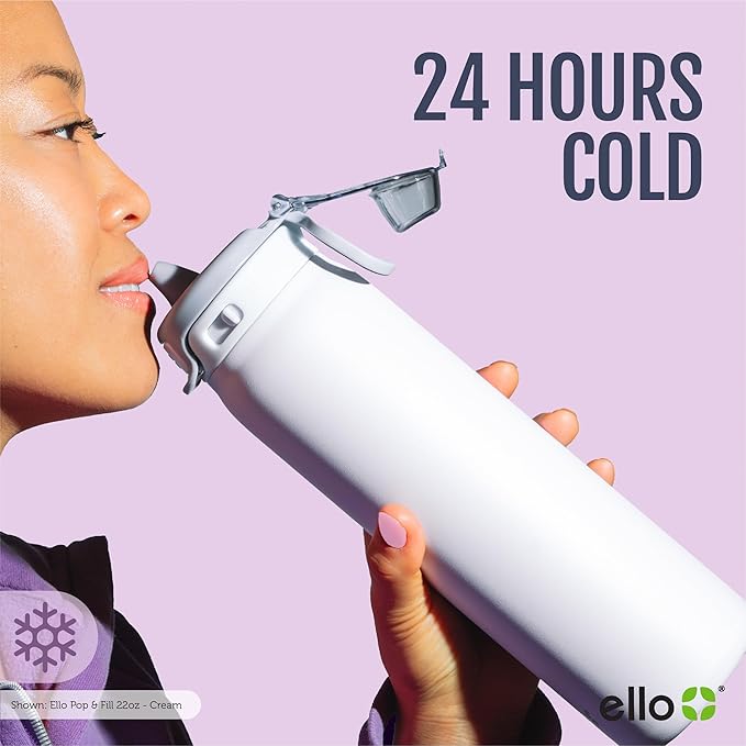 Ello Pop & Fill 32oz Stainless Steel Water Bottle with Quick Fill Technology, Double Walled and Vacuum Insulated Metal, Leak Proof Locking Lid, Sip and Chug, Reusable, BPA Free, Sunset Meadow