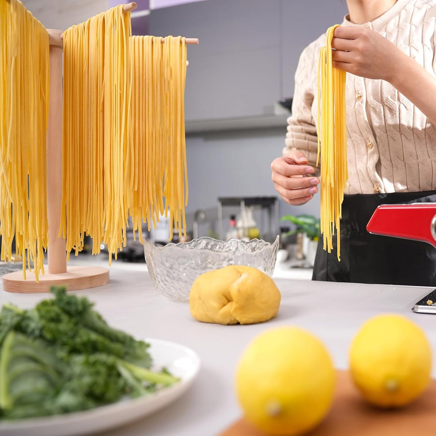 Pasta Drying Rack, Large Wood Pasta Rack Collapsible for Fresh Pasta Noodle Spaghetti Dryer Hanger Stand
