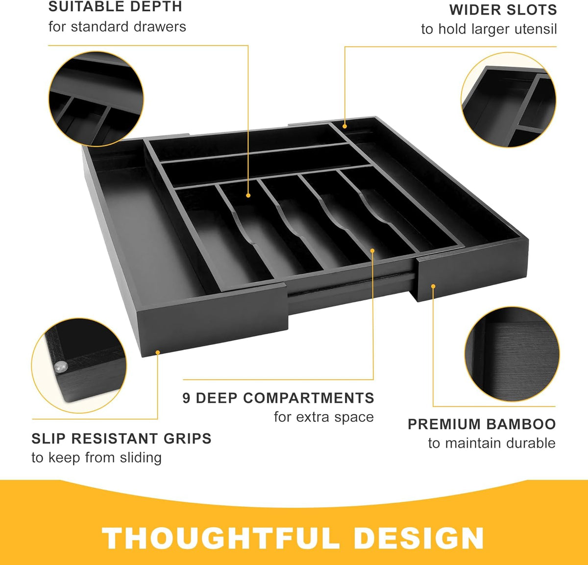 Large Premium Bamboo Silverware Organizer - Expandable Drawer Organizer & Utensil Organizer - 17"x19.7" Cutlery Tray with Dividers for Kitchen Utensils and Flatware (7-9 Slots) (Black)
