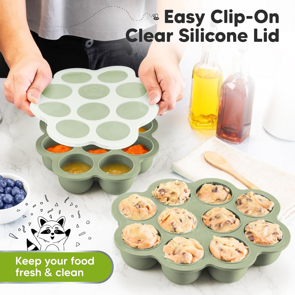KeaBabies Silicone Food Freezer Trays with Lid, 2oz x 10 Pods Baby Food Storage Containers, Easy Puree Meal Prep, Breast Milk Silicone Freezer Molds, Dishwasher, Microwave Safe, BPA-Free (Sage)