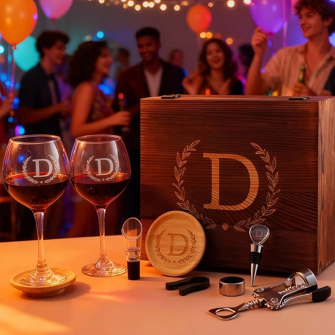 GZLDGIFTS Personalized Initial Wine Glasses Box Gift Set For Women Mom Engraved Birthday Monogrammed Wooden Christmas Gifts Wedding Anniversary Wine Couples Stopper Opener Initial Letterr (D Set)