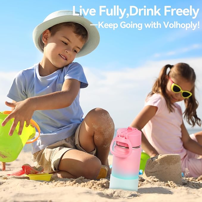Volhoply 14oz KIds Water Bottle with Straw Lid and Silicone Boot Bulk 2 Pack,Stainless Steel Insulated Cups for Boys & Girls Multipack,Double Wall Vacuum Leakproof Bottles(Assorted,2)