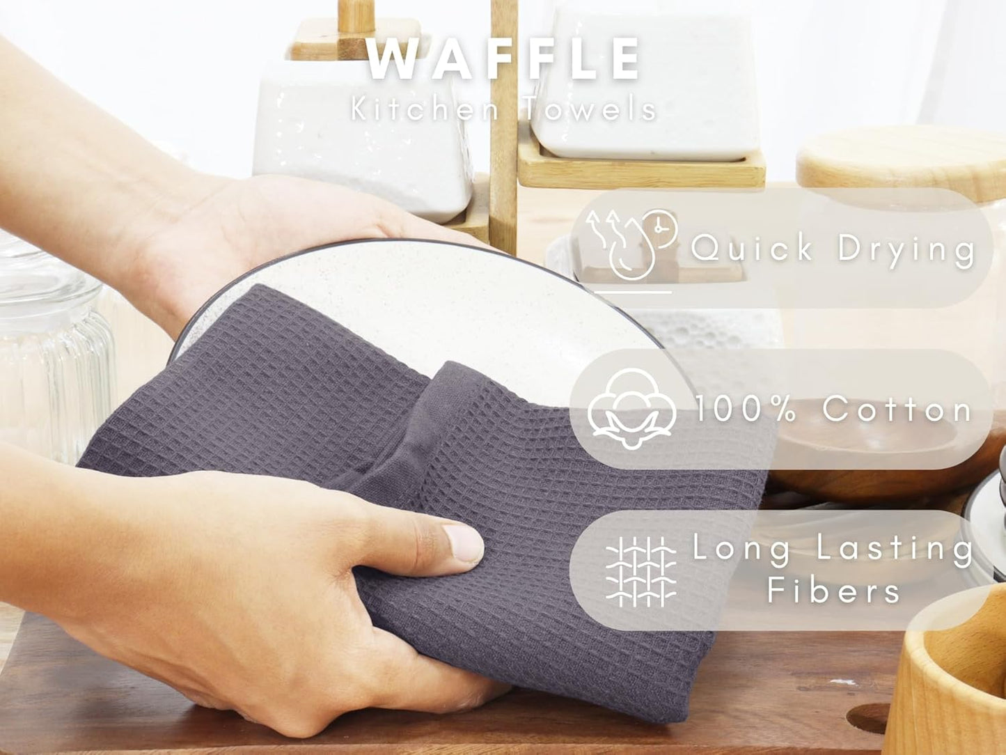 PurpleEssences Waffle Weave Kitchen Towel, 100% Cotton - 15 x 25 Inches, with Hanging Loop Ultra Soft Absorbent Quick Drying Dish Cloth, Tea and Hand Towels, 4 Pack - Spring Summer - Dark Grey