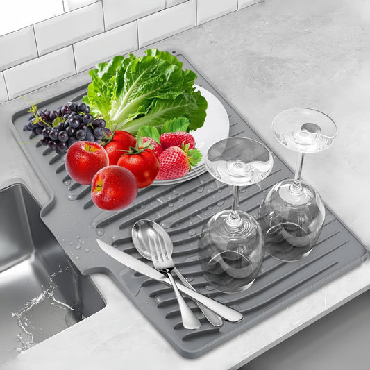 CIEO Silicone Dish Drying Mat for Kitchen Counter, Slope Fast Self-Draining, Non-Slip Drain Pad, Easy Clean Countertop Protection Mat, Multiple Use for Dishes Drying Rack（18.9"x 13.58",Gray）