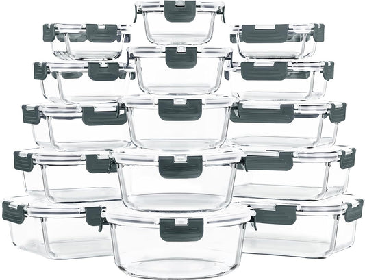 Skroam 15 Pack Glass Food Storage Containers with Lids Airtight, Glass Meal Prep Containers, Lunch Containers with Lids for Microwave, Oven, Freezer and Dishwasher Safe