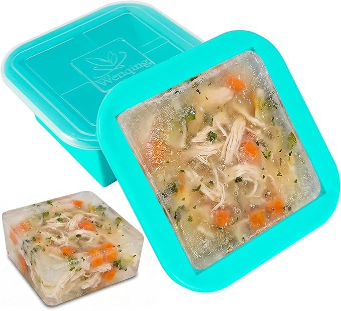 Silicone Freezer Tray with Lid 2 Pack Silicone Freezer Molds Ice Cube Tray Makes 2 Perfect 2 Cup Portions Soup Cubes Meal Prep Containers- Oven & Dishwasher Safe
