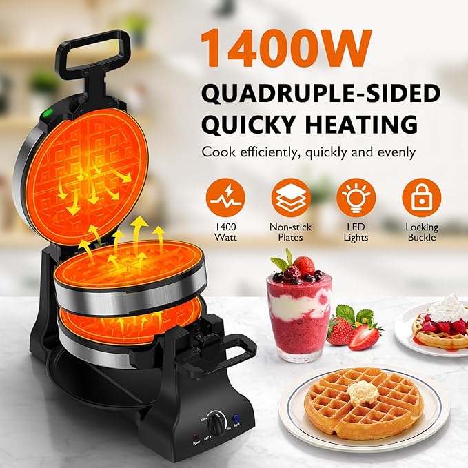Waffle Maker, 1400W Belgian Waffle Maker, Double Waffle Iron 180° Flip, Rotating Nonstick Plates, Adjustable Browning Control, Locking Buckle & Cool Touch Handle, Removable Drip Tray, Stainless Steel