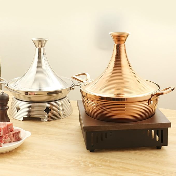 Moroccan Tagine Cooking Pot,Stainless Steel Non Stick Moroccan Casserole with 2 Handles,Large Moroccan Cooker Handmade Tagine Pot with Cone-Shaped Lid(25cm, Rose Gold)