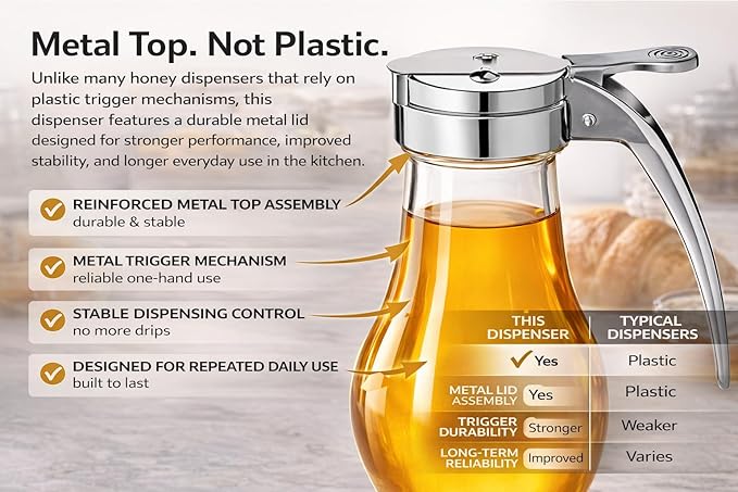 EHOMEA2Z Glass Honey Dispenser, 14 oz Syrup Dispenser with Metal Top, Maple Syrup Dispenser for Kitchen & Dining Table (1, 14 Oz)