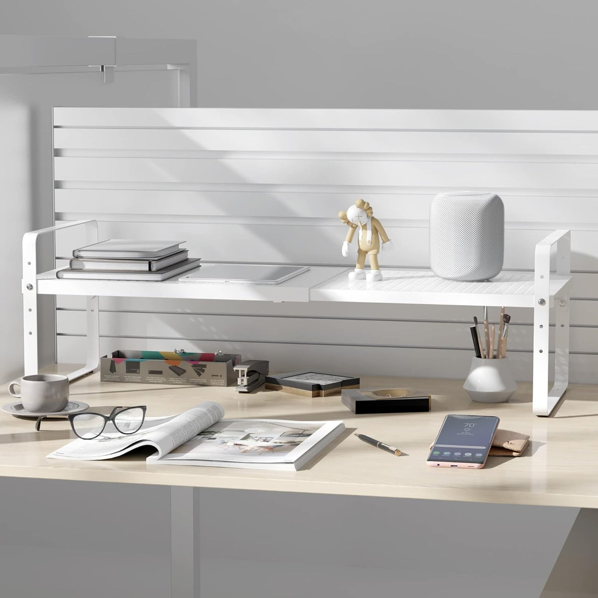 Expandable Cabinet Shelf Organizer Adjustable Metal Spice Rack Stackable Freestanding Counter Storage Shelves for Kitchen Cabinet Under Sink Office Desk (White - 1Pack - L16.5-27'' * W10.2'' * H9.6'')
