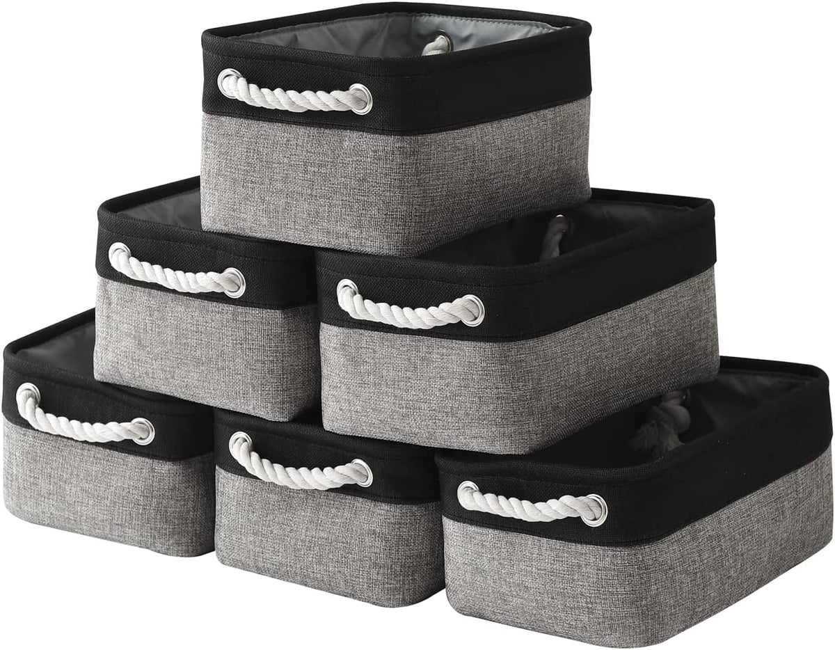 TheWarmHome Storage Basket for Organizing - 12x8x5.2 inch Small 6 Pack Collapsible Storage Bin for Shelves with Rope, Fabric Storage Cubes for Cloth Gift Toy Decorative Organizer (Black & Grey)