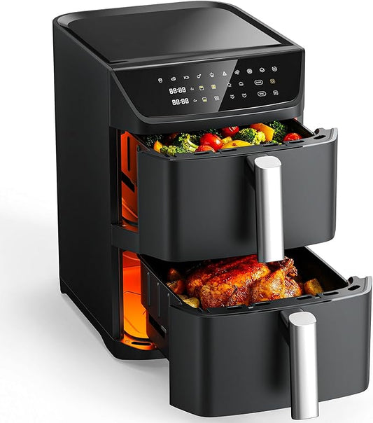 Dual Basket Air Fryer, 12.6QT Family-Size for 10–12 People, XL Basket for 6LB Whole Chicken, DoubleStack Compact Design, 10-in-1 Functions with Reheat, Dehydrate & SyncFinish, Dishwasher-Safe, Black
