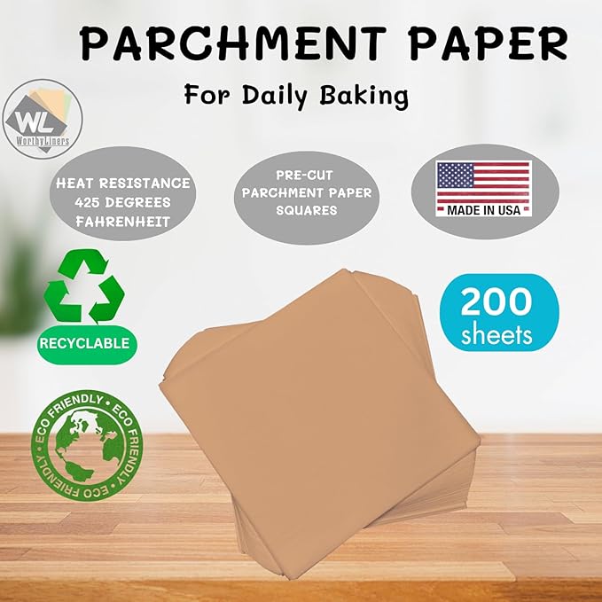 6x6 Inch Natural Parchment Paper Squares 200 Sheets | Made is USA | Worthy Liners Non-Stick Precut Baking Parchment, Perfect for baking and cooking