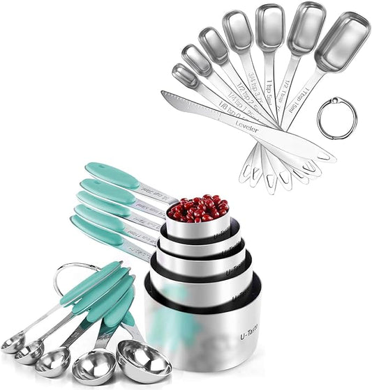U-Taste 18/8 Stainless Steel Measuring Cups and Spoons Set of 10, and 18/8 Stainless Steel Square Measuring Spoons Set of 8 (Aqua Sky+Silver)