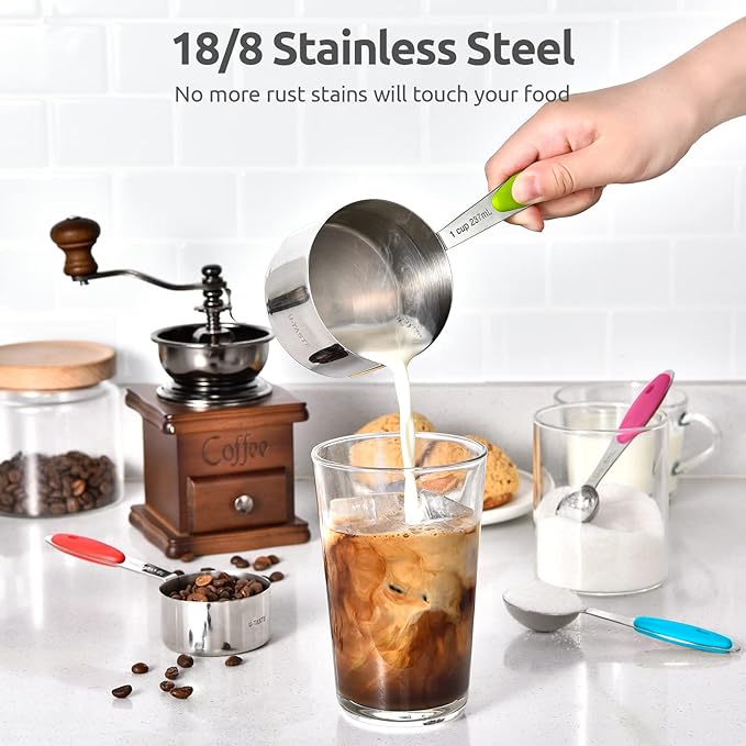 U-Taste 18/8 Stainless Steel Measuring Cups and Spoons Set of 10 Piece, Upgraded Thickness Handle (Multicolors) and 1.5oz Heat-Resistant Angled Turkey Baster with Cleaning Brush (Aqua Sky)