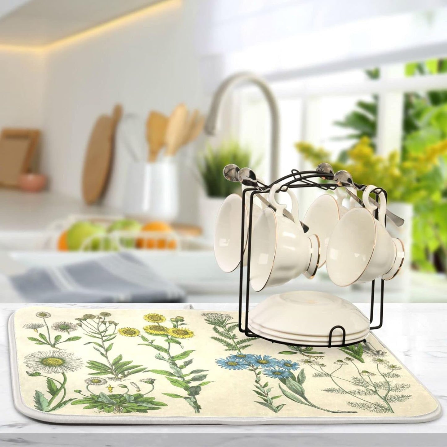 Herbs Flowers Botanical Plant Dish Drying Mat for Kitchen Counter Absorbent Microfiber Drying Pad, Large 18x24 in, Reversible Drainer Mats