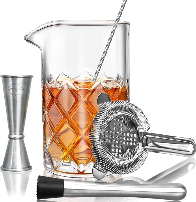 LIGHTEN LIFE Cocktail Mixing Glass Set,Bar Mixing Set with 20oz Crystal Thick Bottom Glass,Spoon, Jigger,Strainer and Muddle,5 Pieces Cocktail Mixing Glass Kits Perfect for Amateurs and Bartenders